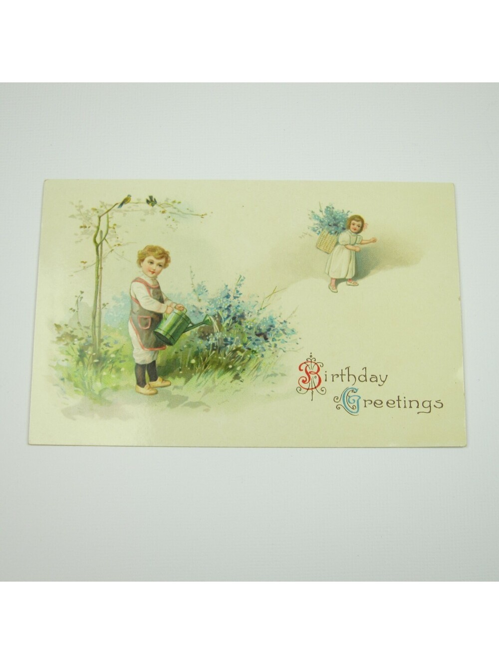 Postcard Birthday Greeting Antique Boy Watering Blue Flowers Birds Girl Basket